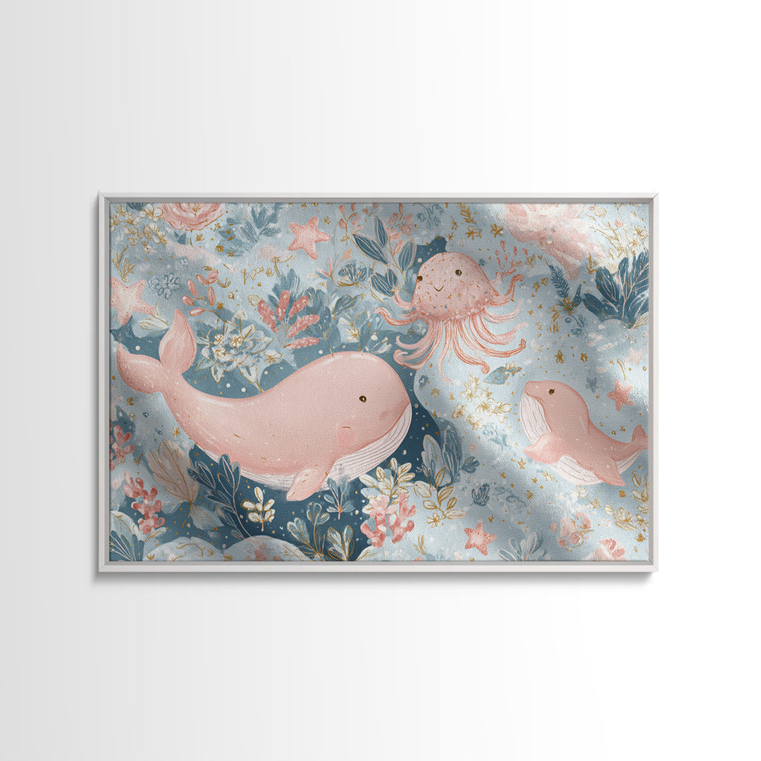Friendly Ocean Creatures Framed Canvas Print, Nursery Art, Modern Decor, Nursery Decor, Fine Art, Nursery, Art Print, NUR-3x2-100
