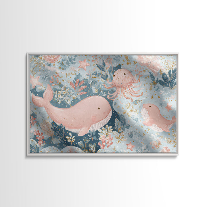 Friendly Ocean Creatures Framed Canvas Print, Nursery Art, Modern Decor, Nursery Decor, Fine Art, Nursery, Art Print, NUR-3x2-100