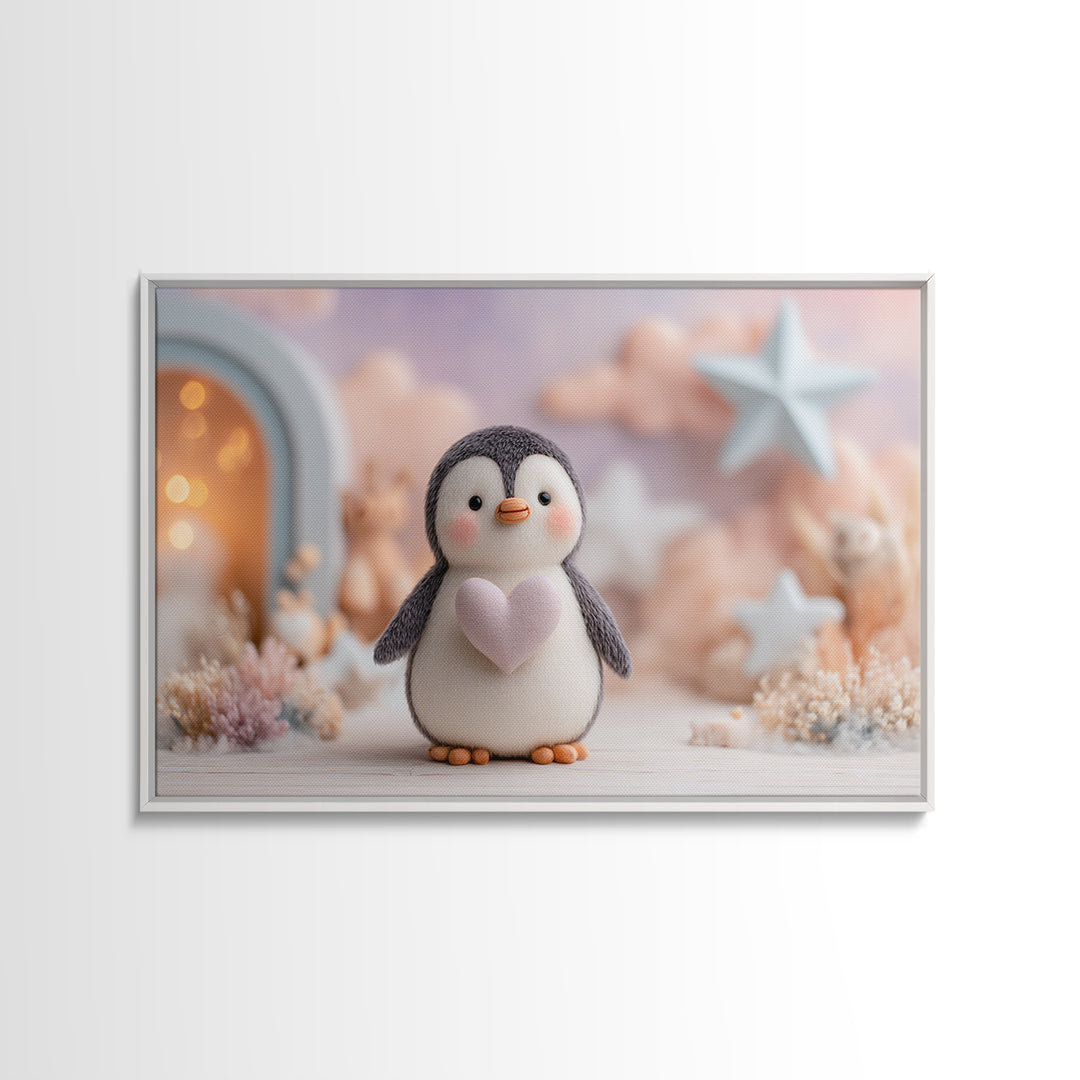 Penguin Holding a Little Heart Shape Framed Canvas Print, Nursery Art, Nursery Wall Art, Nursery Decor, Fine Art, Nursery, NUR-3x2-14