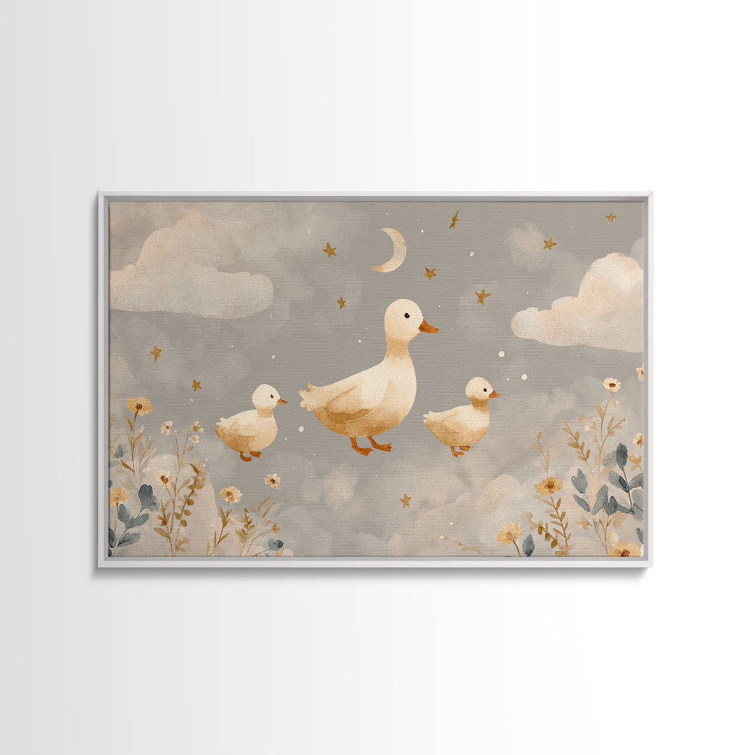 Ducklings Following a Mother Duck Framed Canvas Print, Nursery Art, Printable Art, Nursery Decor, Nursery, Watercolor Print, NUR-3x2-18