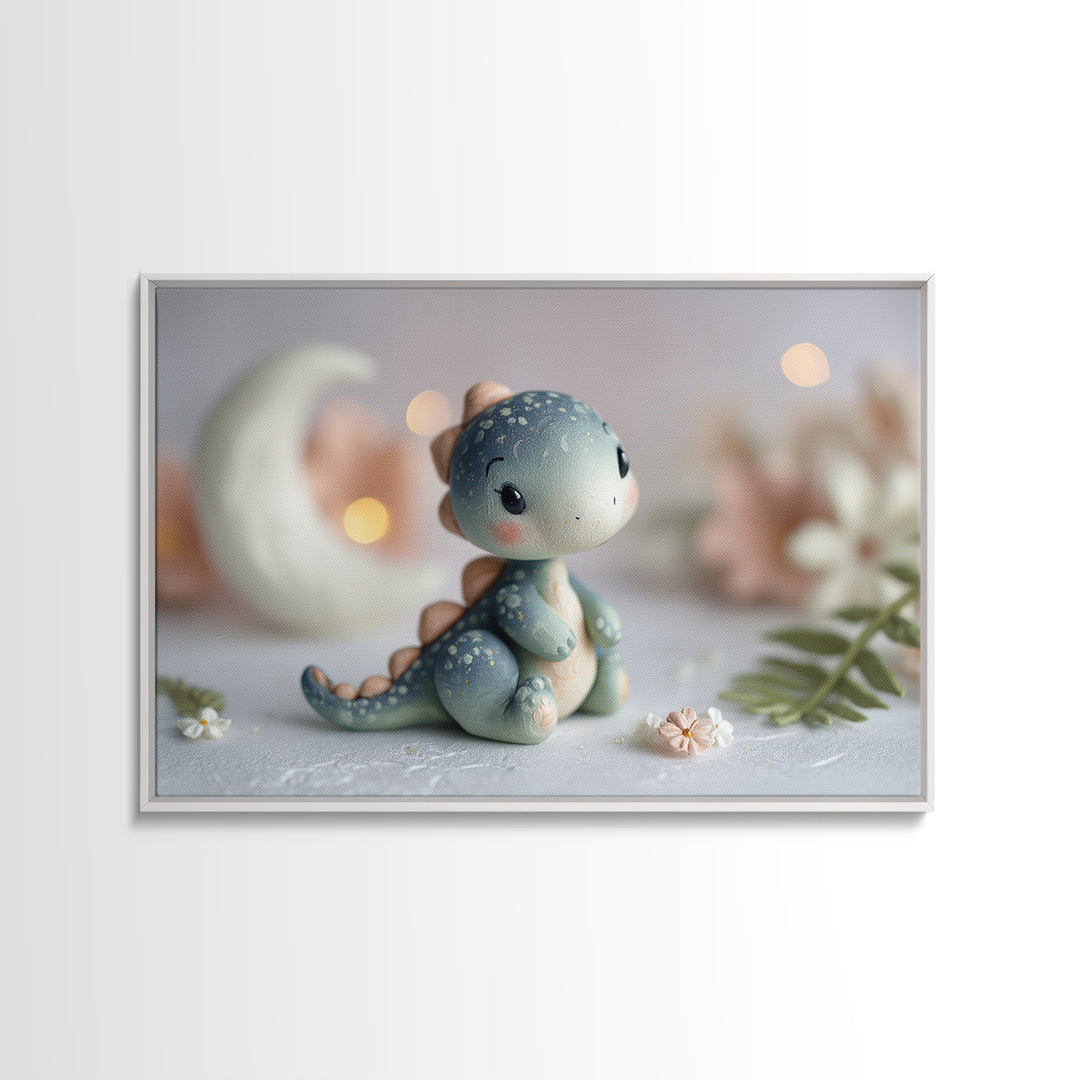 Tiny Dinosaur with Friendly Expression Framed Canvas Print, Nursery Art, Playroom Wall Art, Nursery Decor, Fine Art, Nursery, NUR-3x2-19