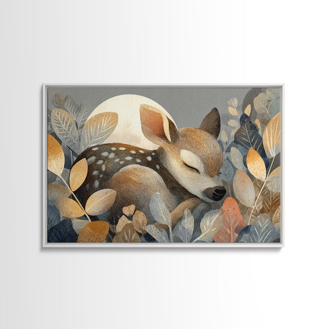 Deer Fawn Sleeping Framed Canvas Print, Nursery Art, Woodland Nursery, Nursery Decor, Fine Art, Nursery, Gallery Decor, NUR-3x2-27
