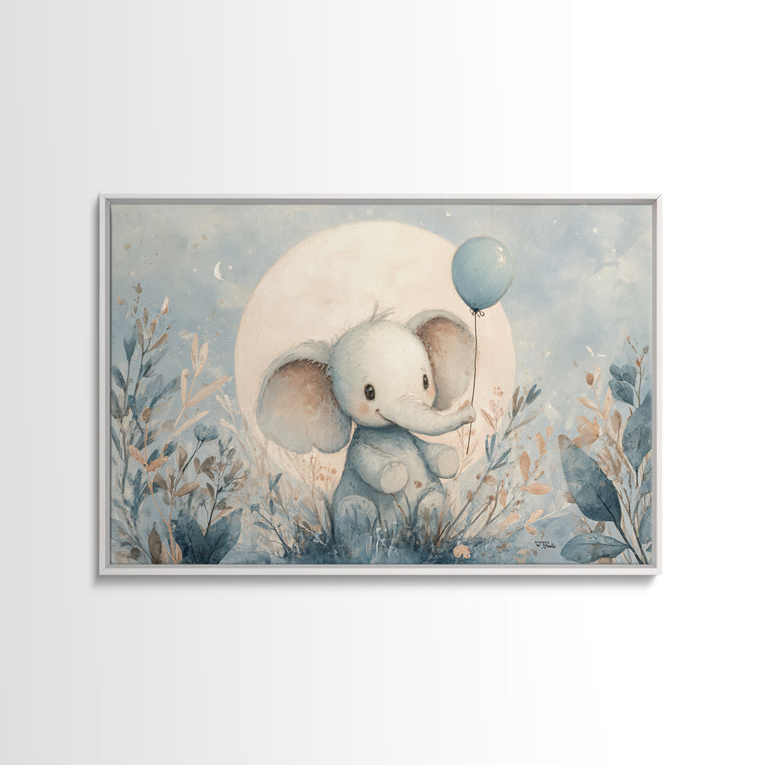Sleepy Baby Elephant Holding a Tiny Balloon Canvas Print, Nursery Art, Kids Wall Decor, Nursery Decor, Fine Art, Nursery, NUR-3x2-29