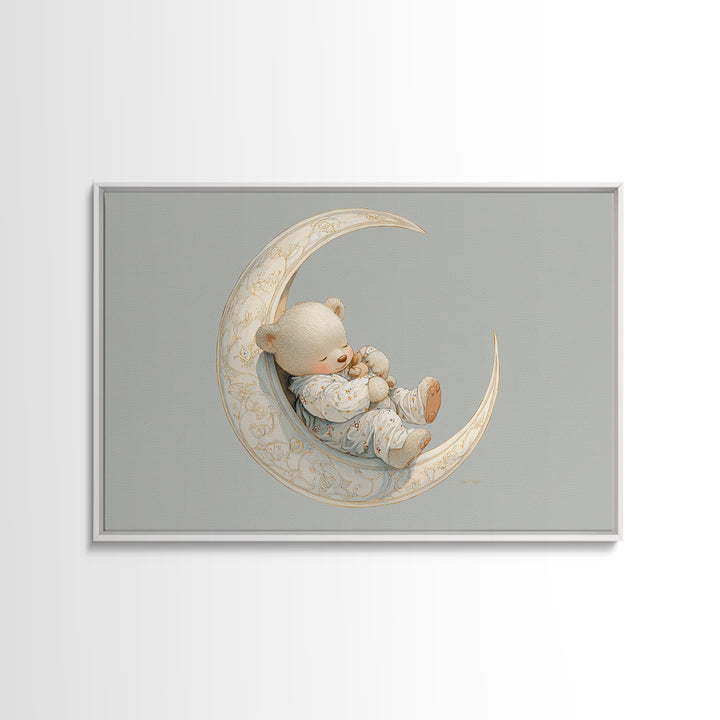 Baby Bear Floating on a Crescent Moon Canvas Print, Nursery Art, Digital Download Art, Nursery Decor, Watercolor Art, Nursery, NUR-3x2-34