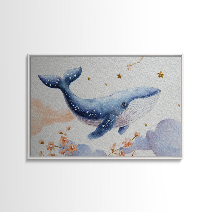 Whale and Tiny Stars Framed Canvas Print, Nursery Art, Kids Wall Art, Nursery Decor, Fine Art, Nursery, Gallery Decor, NUR-3x2-36