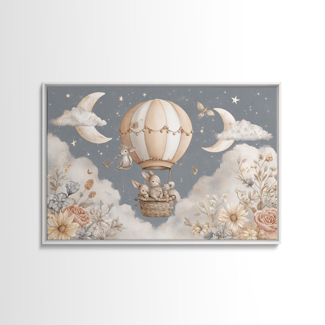 Floating Hot Air Balloon Framed Canvas Print, Nursery Art, Woodland Nursery, Nursery Decor, Oil Painting, Nursery, NUR-3x2-40