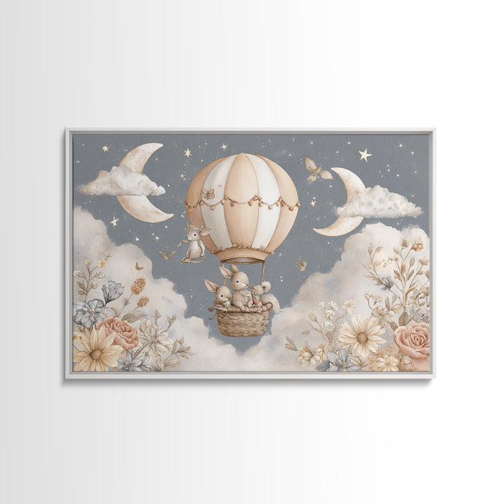 Floating Hot Air Balloon Framed Canvas Print, Nursery Art, Woodland Nursery, Nursery Decor, Oil Painting, Nursery, NUR-3x2-40