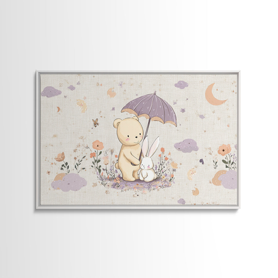 Bear and Rabbit Sharing Umbrella Framed Canvas Print, Nursery Art, Playroom Wall Art, Nursery Decor, Fine Art, Nursery, NUR-3x2-45