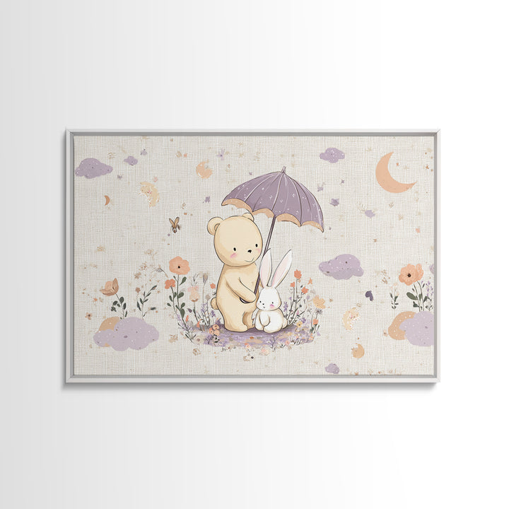 Bear and Rabbit Sharing Umbrella Framed Canvas Print, Nursery Art, Playroom Wall Art, Nursery Decor, Fine Art, Nursery, NUR-3x2-45