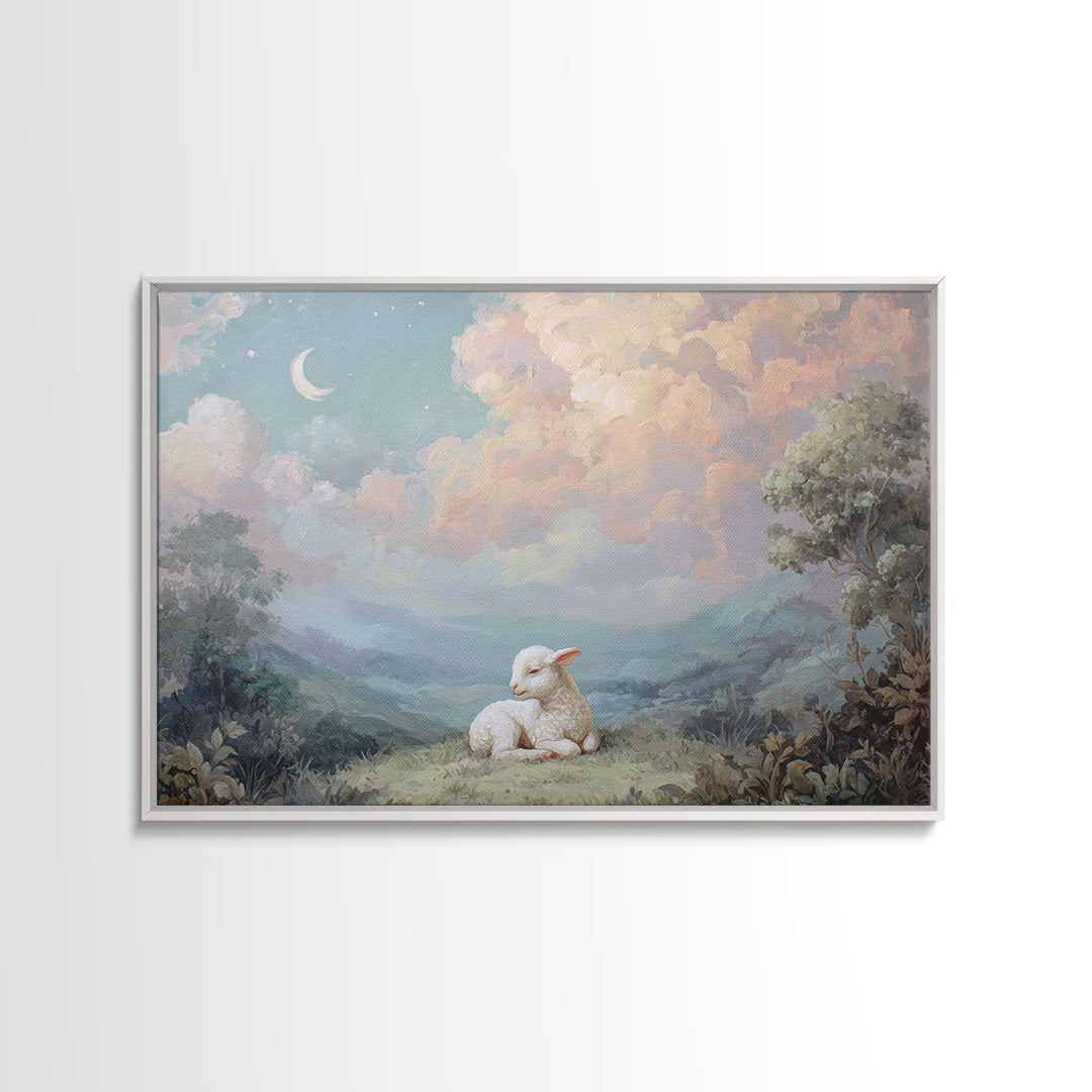 Little Lamb under a Starry Sky Framed Canvas Print, Nursery Art, Room Decor, Nursery Decor, Oil Painting, Nursery, NUR-3x2-47