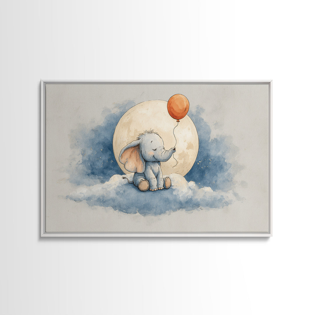 Sleepy Baby Elephant Holding a Tiny Balloon Canvas Print, Nursery Art, Kids Wall Decor, Nursery Decor, Fine Art, Nursery, NUR-3x2-53