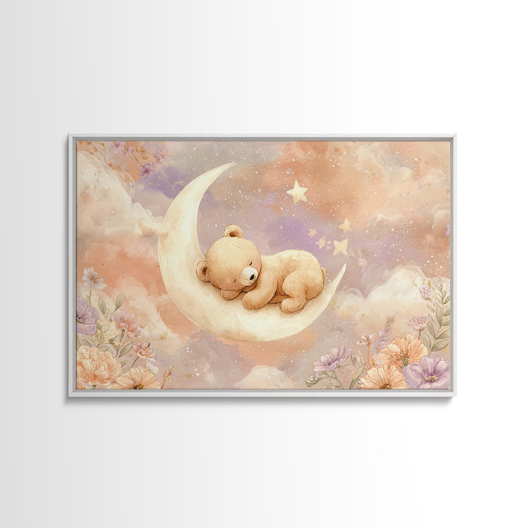 Baby Bear Floating on a Crescent Moon Canvas Print, Nursery Art, Digital Download Art, Nursery Decor, Watercolor Art, Nursery, NUR-3x2-58