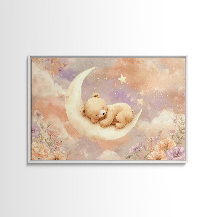 Baby Bear Floating on a Crescent Moon Canvas Print, Nursery Art, Digital Download Art, Nursery Decor, Watercolor Art, Nursery, NUR-3x2-58