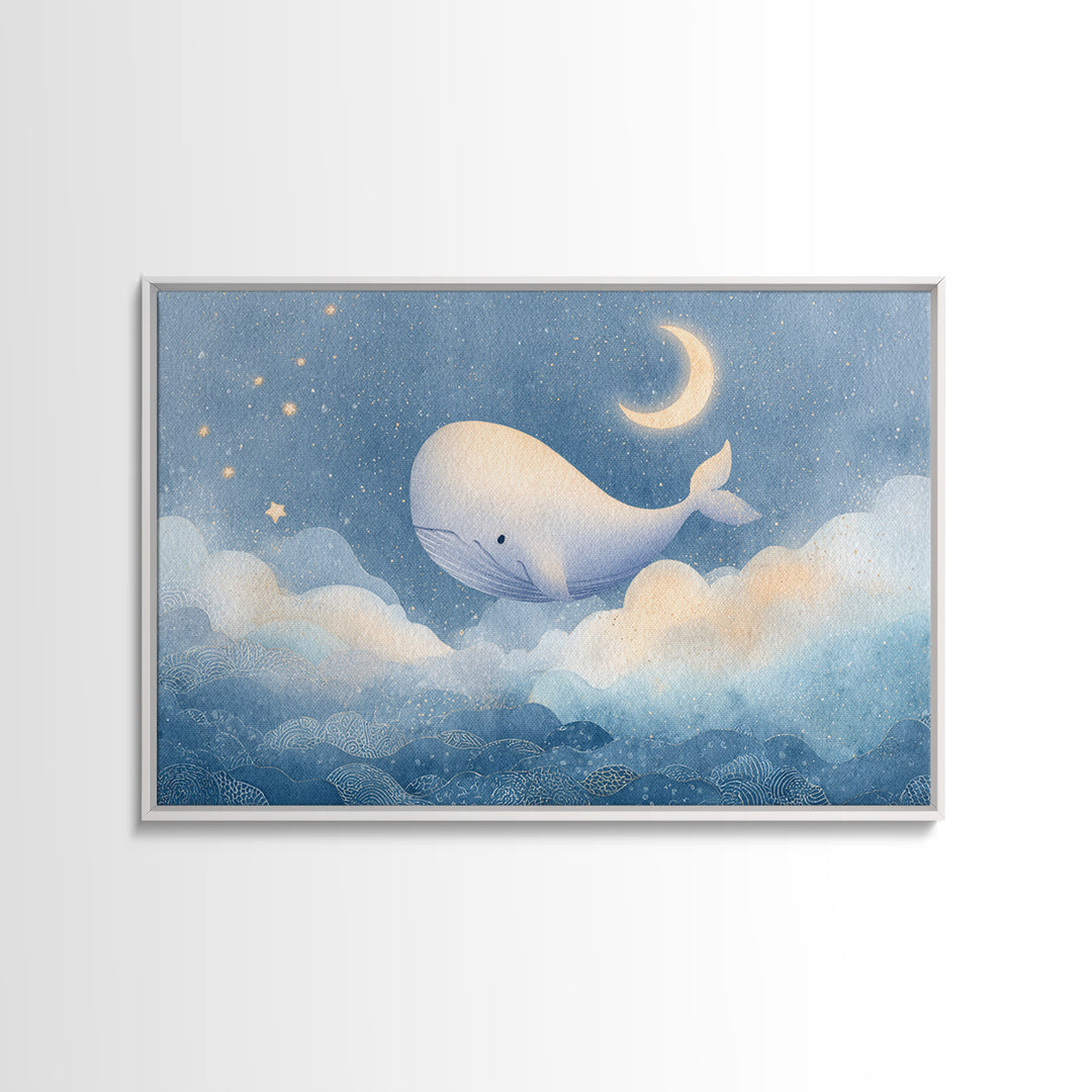 Whale and Tiny Stars Framed Canvas Print, Nursery Art, Whimsical Wall Art, Nursery Decor, Fine Art, Nursery, Minimalist Decor, NUR-3x2-60