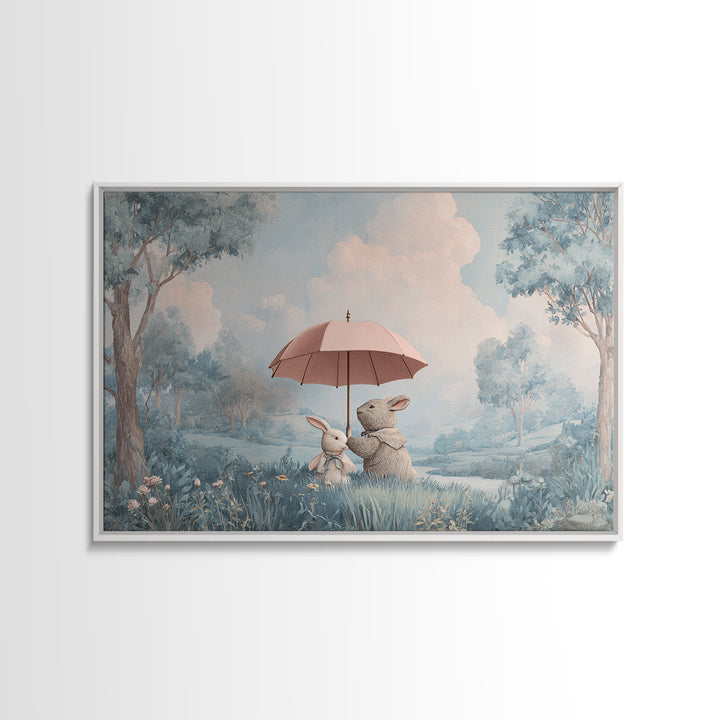 Bear and Rabbit Sharing Umbrella Framed Canvas Print, Nursery Art, Playroom Wall Art, Nursery Decor, Fine Art, Nursery, NUR-3x2-69