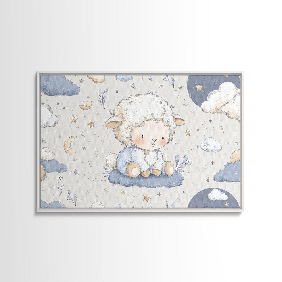 Little Lamb under a Starry Sky Framed Canvas Print, Nursery Art, Kids Wall Art, Nursery Decor, Watercolor Art, Nursery, NUR-3x2-71