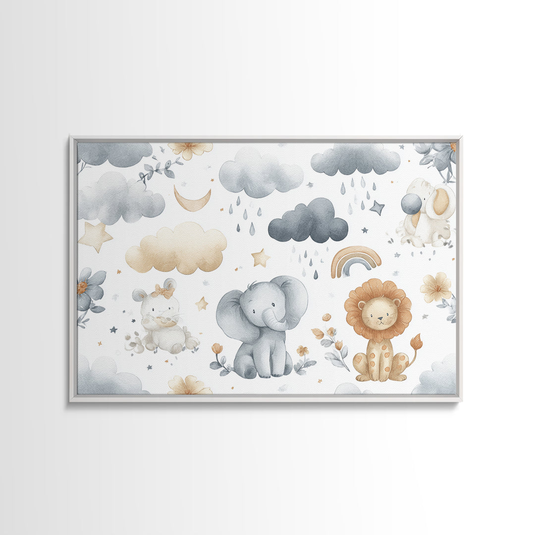 Clouds and Raindrops Framed Canvas Print, Nursery Art, Girl Nursery Decor, Nursery Decor, Oil Painting, Nursery, Kids Room Art, NUR-3x2-74
