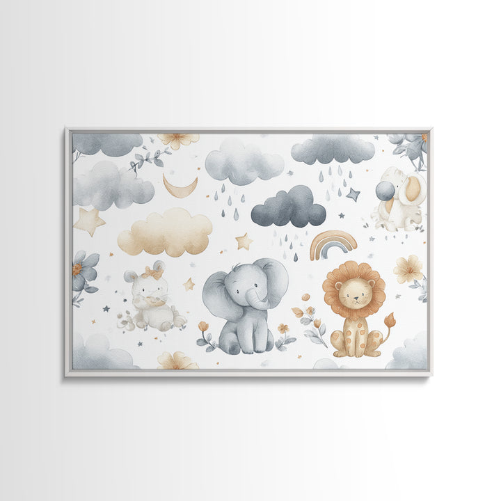 Clouds and Raindrops Framed Canvas Print, Nursery Art, Girl Nursery Decor, Nursery Decor, Oil Painting, Nursery, Kids Room Art, NUR-3x2-74