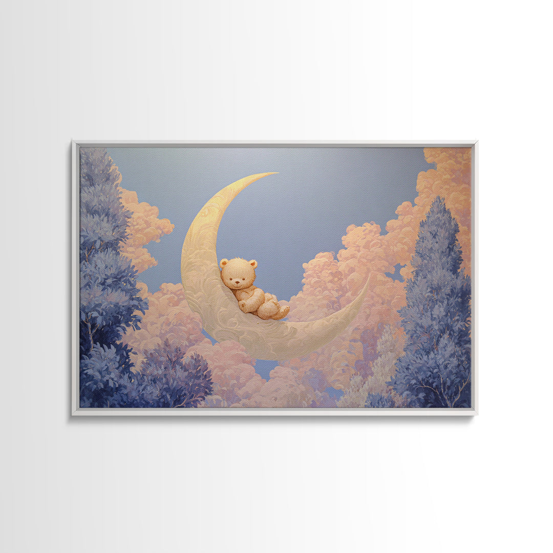 Baby Bear Floating on a Crescent Moon Framed Canvas Print, Nursery Art, Playroom Wall Art, Nursery Decor, Oil Painting, Nursery, NUR-3x2-82