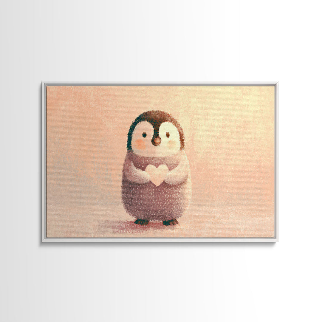 Penguin Holding a Little Heart Shape Framed Canvas Print, Nursery Art, Kids Wall Art, Nursery Decor, Abstract Art, Nursery, NUR-3x2-86