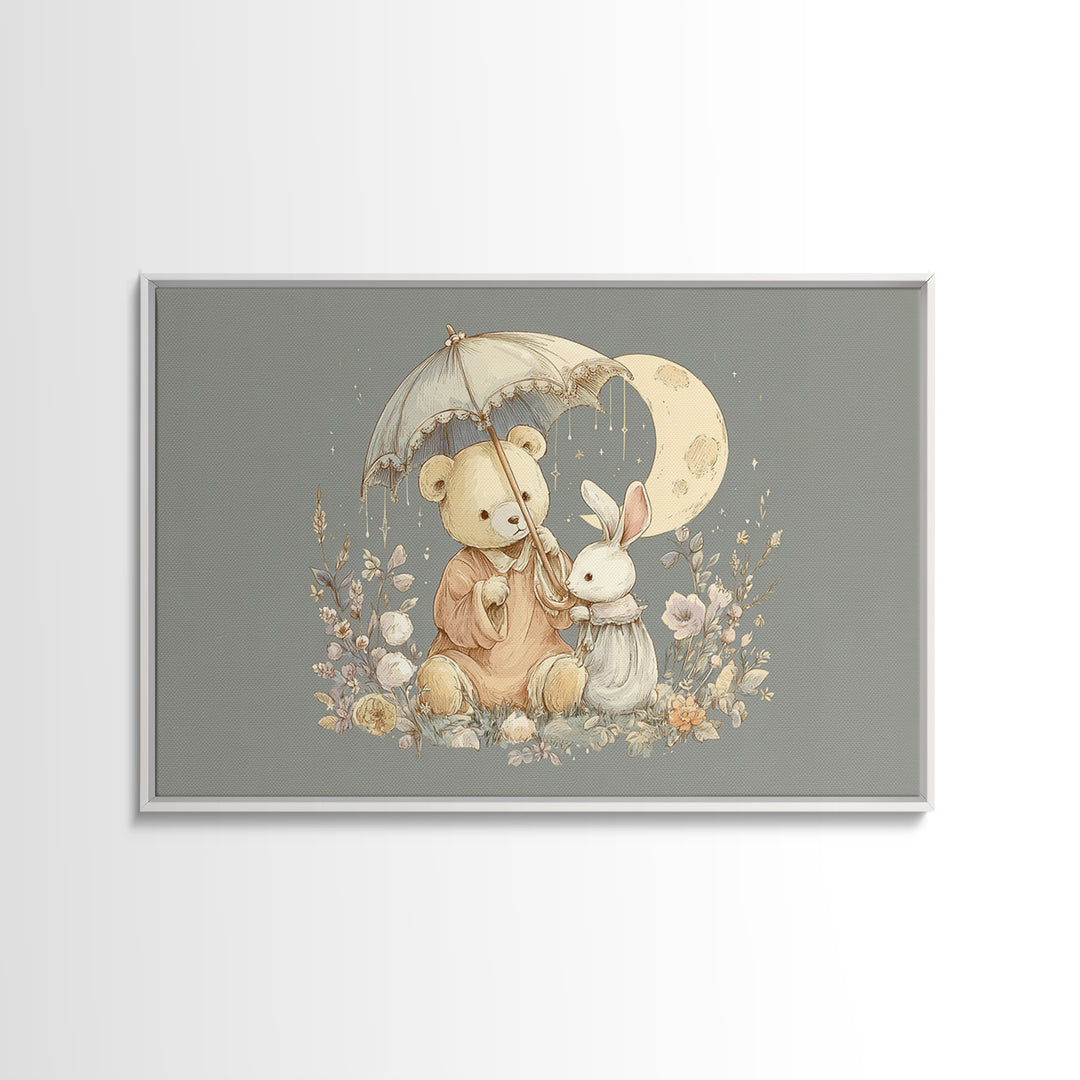 Bear and Rabbit Sharing Umbrella Canvas Print, Nursery Art, Woodland Nursery Art, Nursery Decor, Fine Art, Nursery, NUR-3x2-93