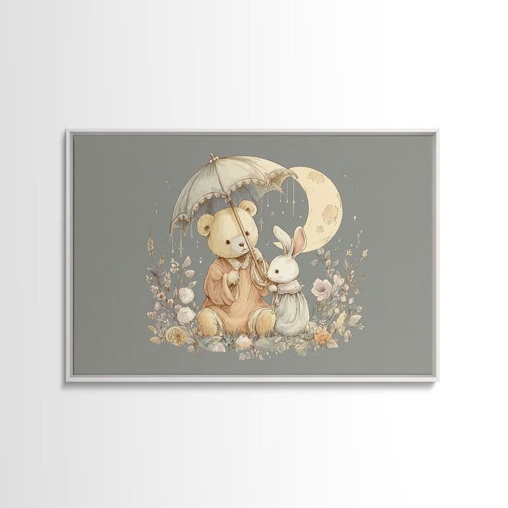 Bear and Rabbit Sharing Umbrella Canvas Print, Nursery Art, Woodland Nursery Art, Nursery Decor, Fine Art, Nursery, NUR-3x2-93