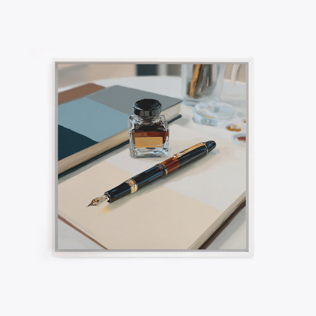 Fountain Pen and Notebook Still Life Without Canvas Print, Office Art, Ai Art, Office Decor, Oil Painting, Focus, OFF-1x1-22