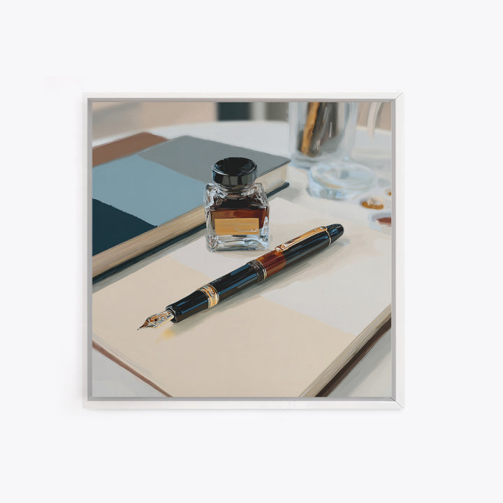 Fountain Pen and Notebook Still Life Without Canvas Print, Office Art, Ai Art, Office Decor, Oil Painting, Focus, OFF-1x1-22