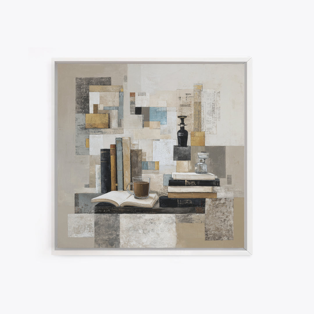 Books and Coffee Still Life Framed Canvas Print, Office Art, Statement Artwork, Office Decor, Abstract Art, Focus, Wall Decor, OFF-1x1-57
