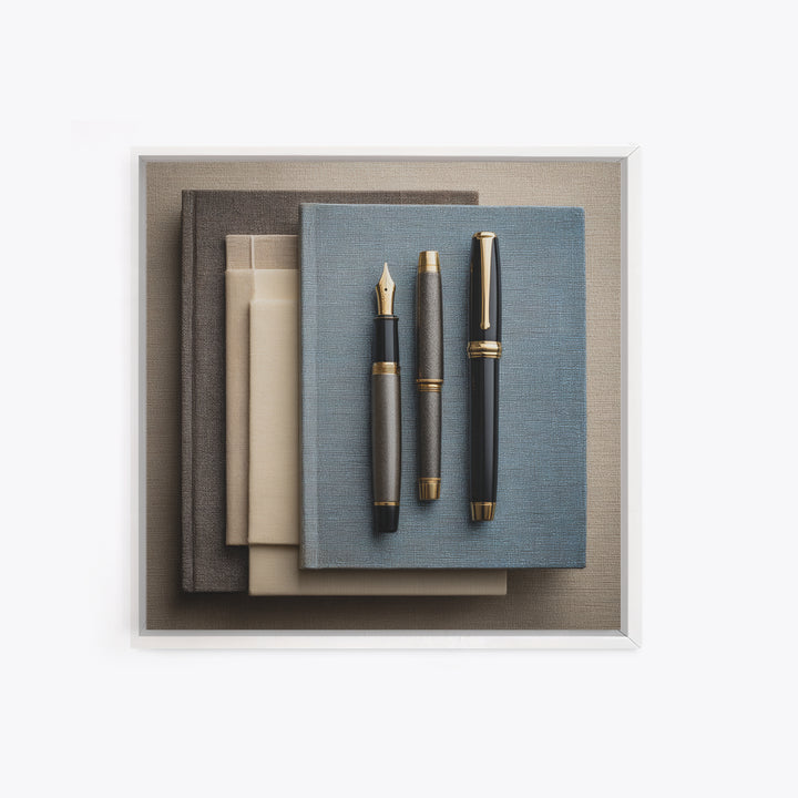 Fountain Pen and Notebook Still Life Without Framed Canvas Print, Office Art, Dopamine Decor, Office Decor, Fine Art, Focus, OFF-1x1-70