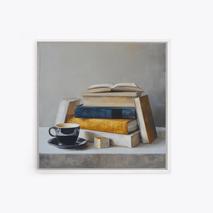 Books and Coffee Still Life Canvas Print, Office Art, Textured Painting, Office Decor, Focus, Printables, Digital Wall Art, OFF-1x1-81