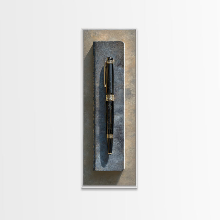 Fountain Pen and Notebook Still Life Without Canvas Print, Office Art, Gallery Decor, Office Decor, Oil Painting, Focus, OFF-1x3-82