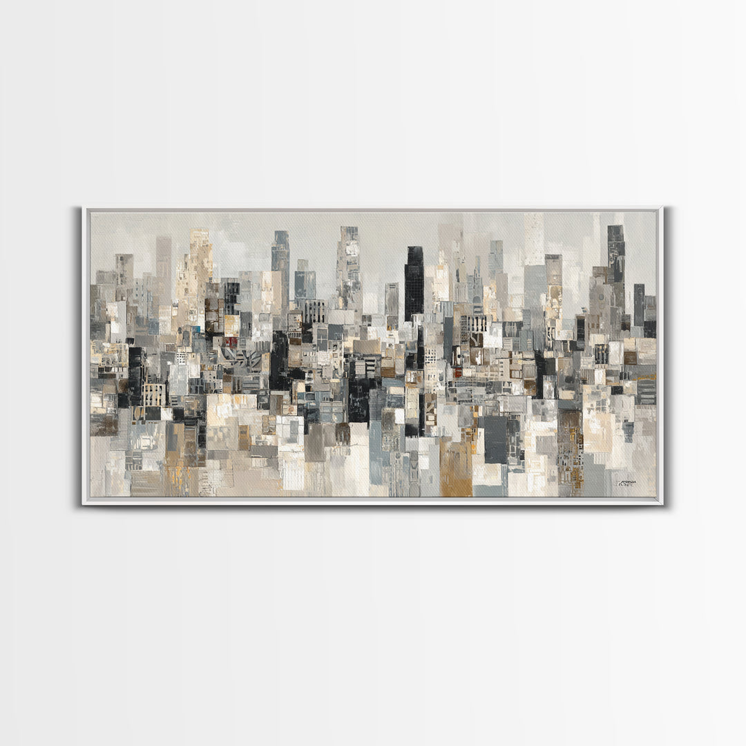 Black and White City Skyline Silhouette Framed Canvas Print, Office Art, Home Decor, Office Decor, Fine Art, Focus, Art Deco, OFF-2x1-1