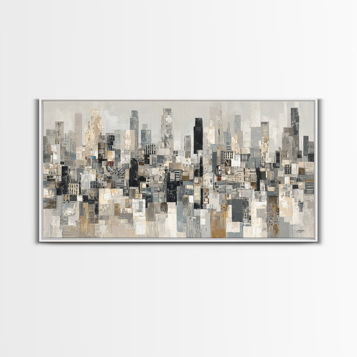 Black and White City Skyline Silhouette Framed Canvas Print, Office Art, Home Decor, Office Decor, Fine Art, Focus, Art Deco, OFF-2x1-1