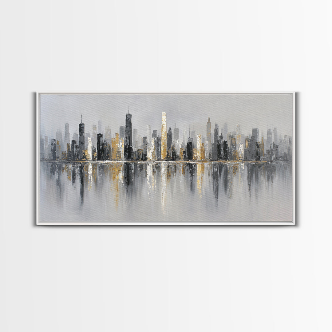 Black and White City Skyline Silhouette Framed Canvas Print, Office Art, Home Decor, Office Decor, Fine Art, Focus, Art Deco, OFF-2x1-25