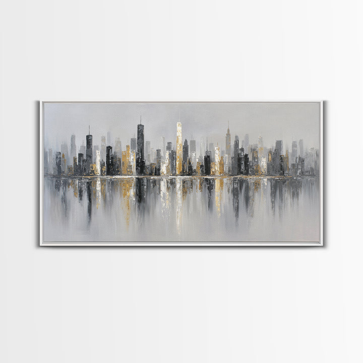 Black and White City Skyline Silhouette Framed Canvas Print, Office Art, Home Decor, Office Decor, Fine Art, Focus, Art Deco, OFF-2x1-25