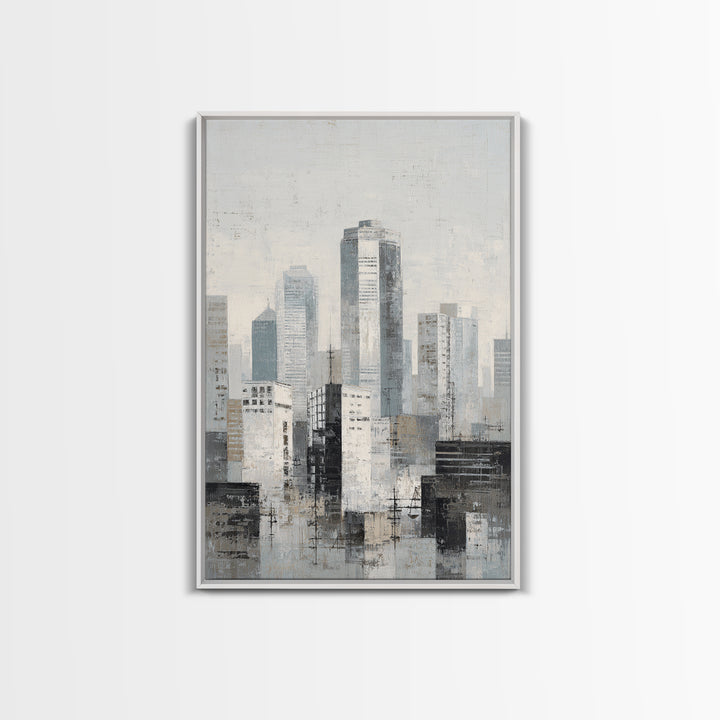 Black and White City Skyline Silhouette Framed Canvas Print, Office Art, Wall Decor, Office Decor, Abstract Art, Focus, OFF-2x3-37