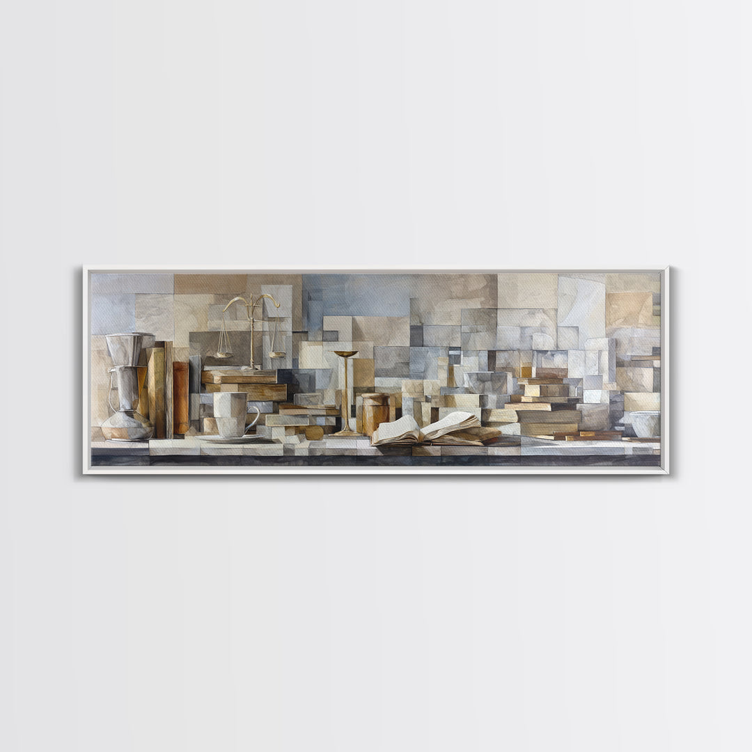 Books and Coffee Still Life Canvas Print, Office Art, Printable Art, Office Decor, Abstract Art, Focus, Neutral Decor, OFF-3x1-49