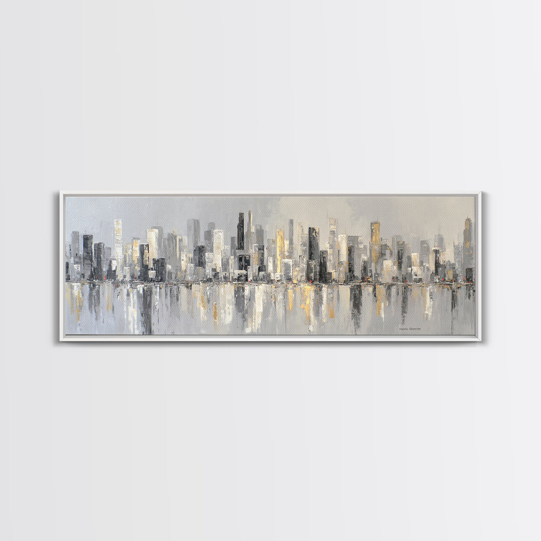 Black and White City Skyline Silhouette Framed Canvas Print, Office Art, Office Wall Art, Office Decor, Fine Art, Focus, OFF-3x1-69