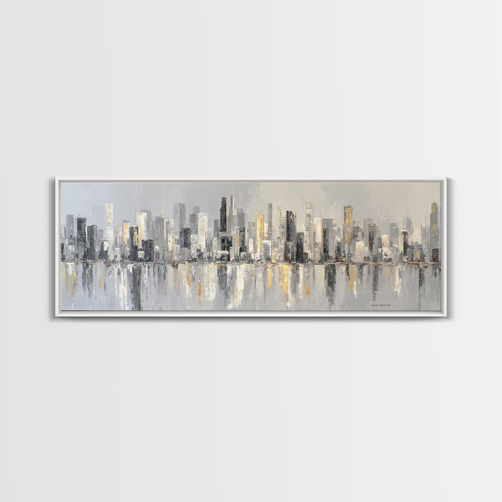 Black and White City Skyline Silhouette Framed Canvas Print, Office Art, Office Wall Art, Office Decor, Fine Art, Focus, OFF-3x1-69