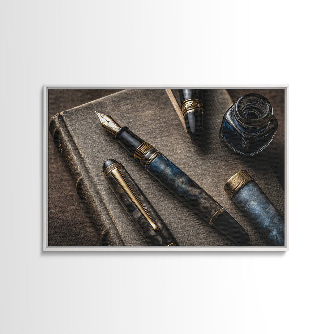 Fountain Pen and Notebook Still Life Without Framed Canvas Print, Office Art, Decor, Office Decor, Fine Art, Focus, Wall Prints, OFF-3x2-2