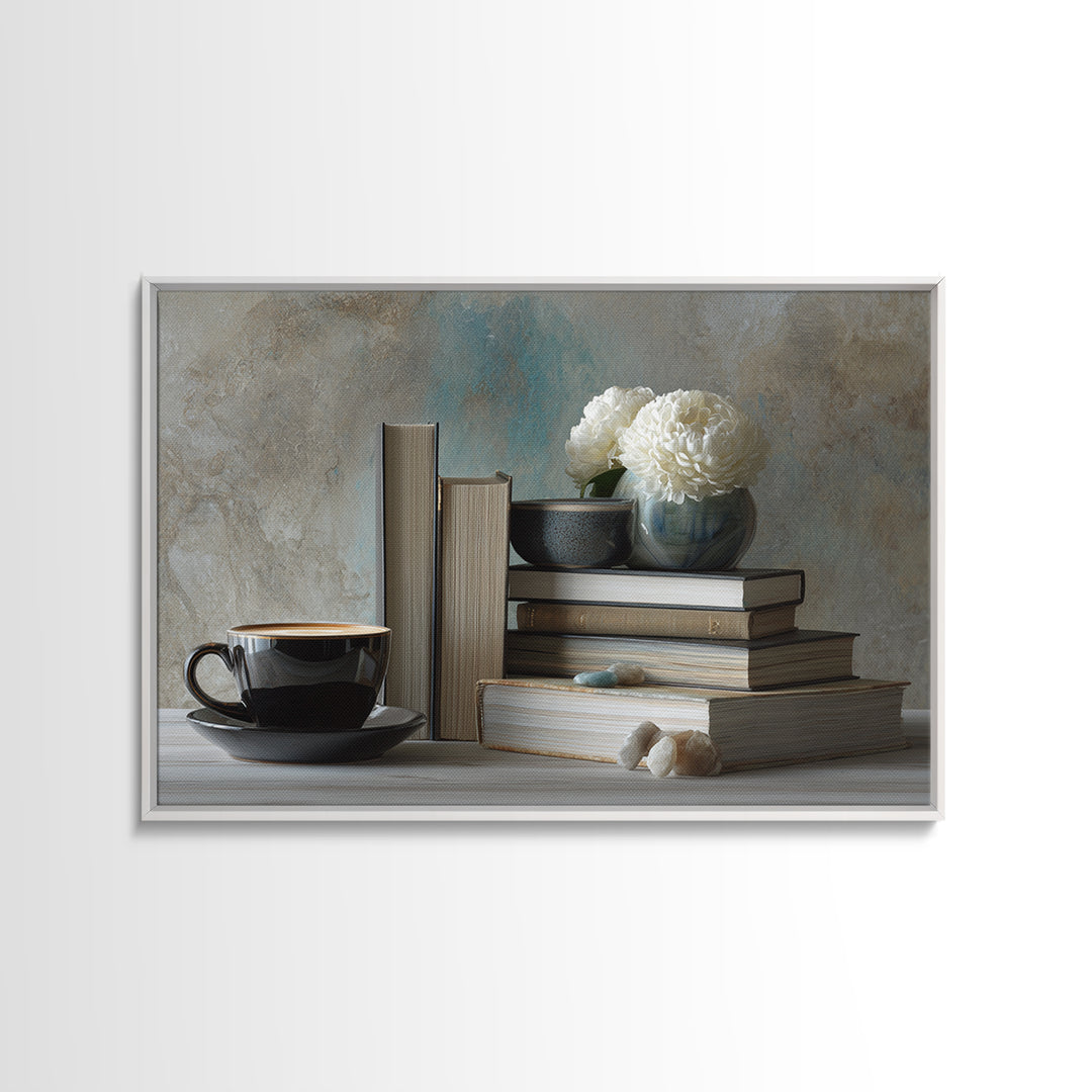 Books and Coffee Still Life Canvas Print, Office Art, Living Room Decor, Office Decor, Oil Painting, Focus, Fine Art Print, OFF-3x2-61