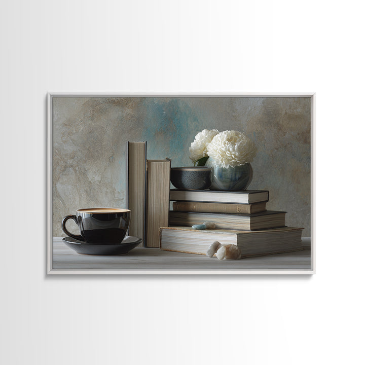 Books and Coffee Still Life Canvas Print, Office Art, Living Room Decor, Office Decor, Oil Painting, Focus, Fine Art Print, OFF-3x2-61