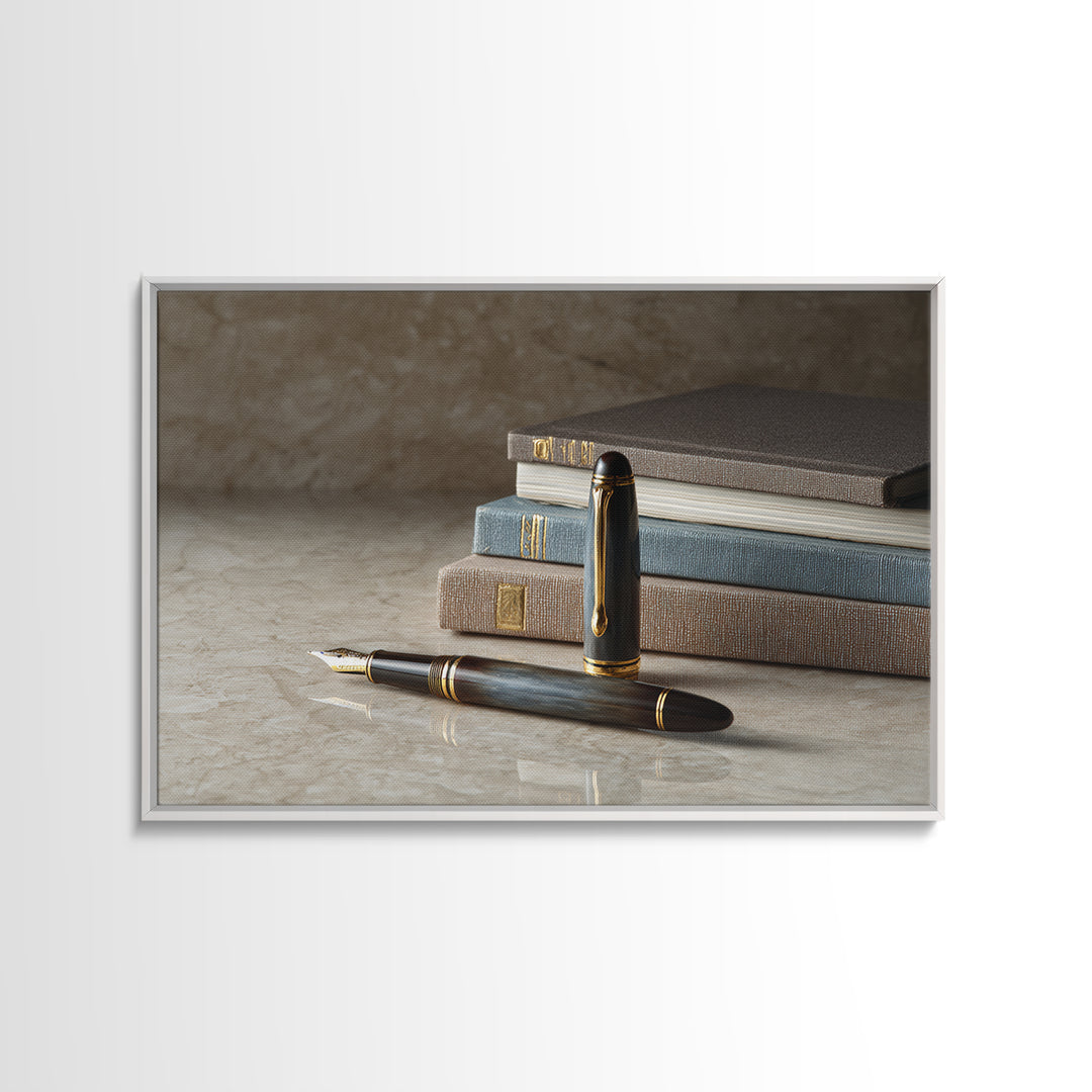 Fountain Pen and Notebook Still Life Without Framed Canvas Print, Office Art, Abstract Art, Office Decor, Oil Painting, Focus, OFF-3x2-74