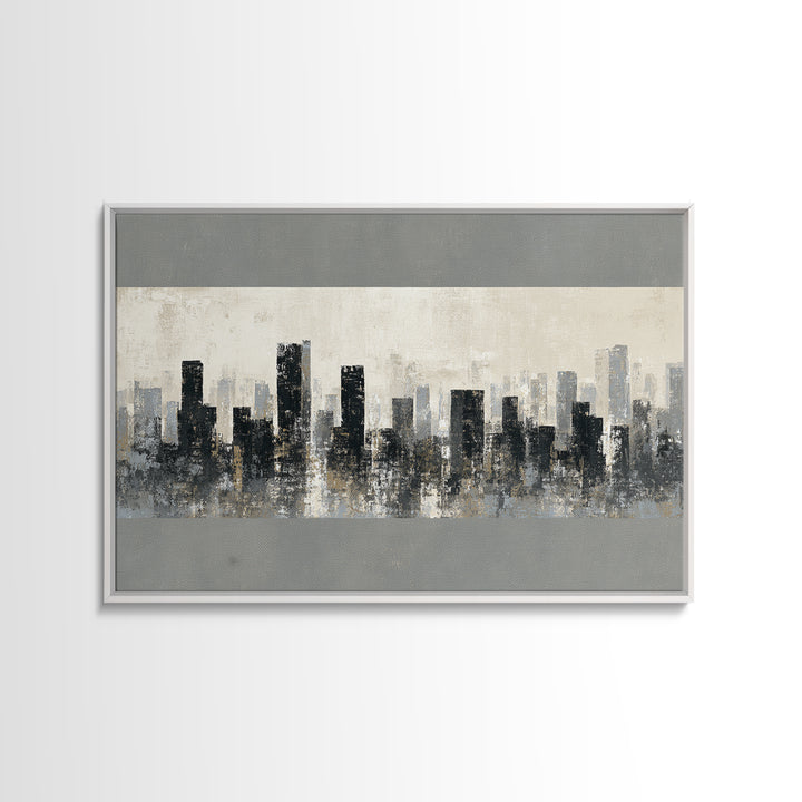 Black and White City Skyline Silhouette Framed Canvas Print, Office Art, Canvas Print, Office Decor, Abstract Art, Focus, OFF-3x2-81