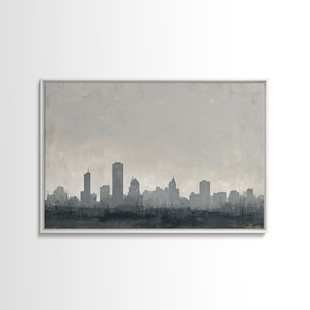 Black and White City Skyline Silhouette Framed Canvas Print, Office Art, Canvas Wall Art, Office Decor, Fine Art, Focus, OFF-3x2-9