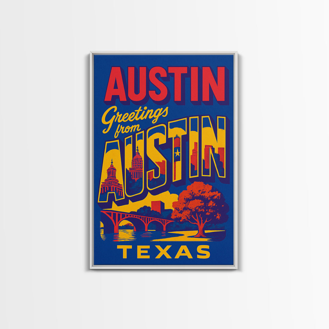 Austin Texas Travel Poster, Canvas Print, Colorful Graphic Wall Art, Austin Art Print, City Illustration, Travel Art Print, Travel Print