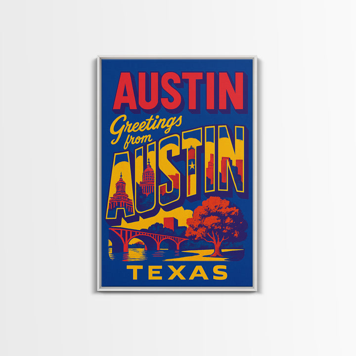 Austin Texas Travel Poster, Canvas Print, Colorful Graphic Wall Art, Austin Art Print, City Illustration, Travel Art Print, Travel Print
