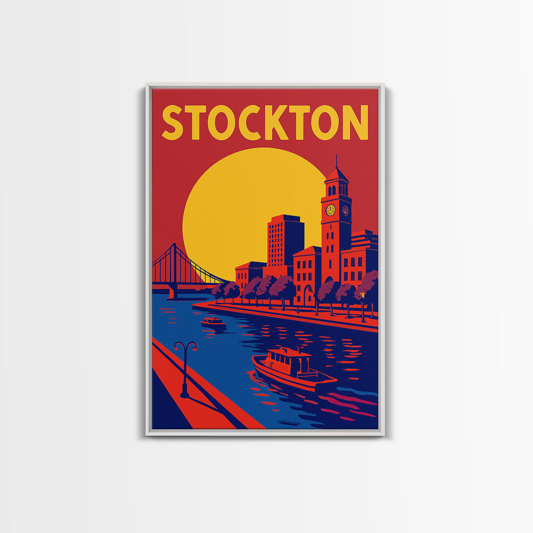 Stockton Travel Poster, Framed Canvas Print, Vibrant Retro Travel Art, Stockton City Art, Vintage City Art, Fine Art Print, Vintage Print