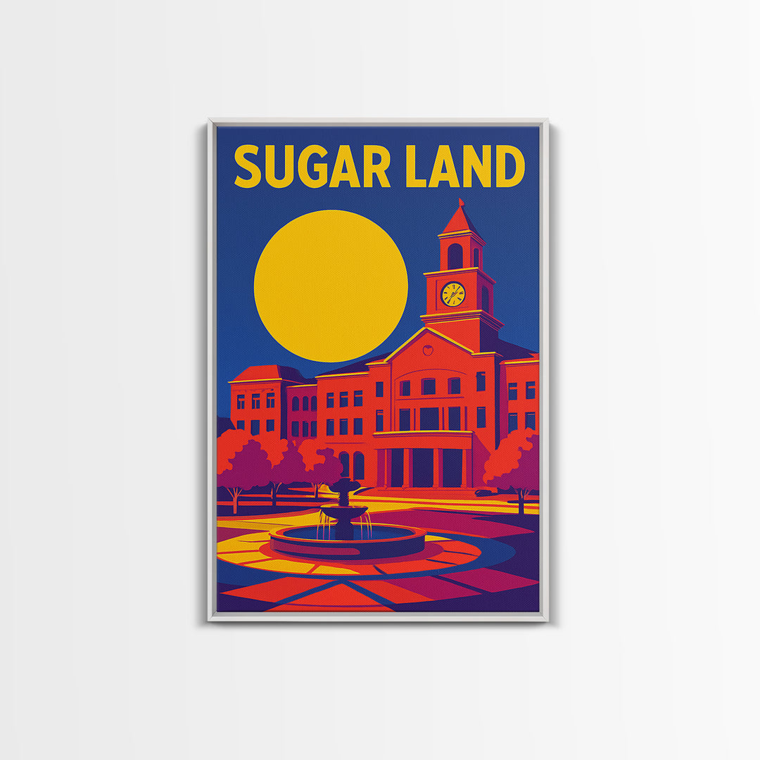 Sugar Land Texas Travel Poster, Framed Canvas Print, Vibrant Retro Travel Art, Sugar Land Art Print, City Art Print, Vintage City Poster
